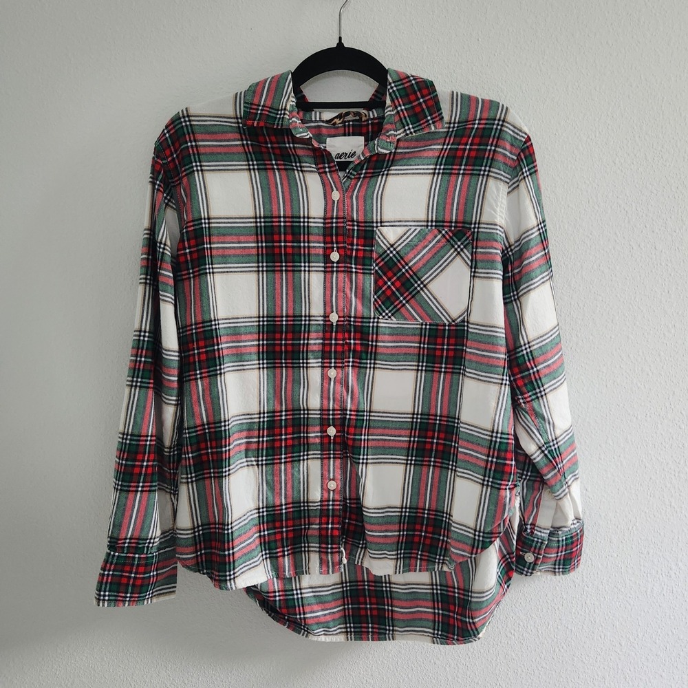 Aerie Womens size XS Plaid Button Down Shirt‎ Red Green White Long Sleeve
